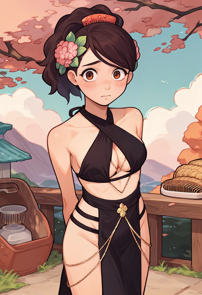 score_9, score_8_up, score_7_up, source_anime, solo, 1girl, momohime, blush, shy, looking at viewer, standing, arms behind back, ponytail, hair flower, comb, yomorio, halterneck, criss-cross halter, pelvic curtain, bare shoulders, cleavage, medium breasts, outdoors <lora:muramasa_momohime_ponyXL:1> <lora:attire_yomorio_ponyXL:1>