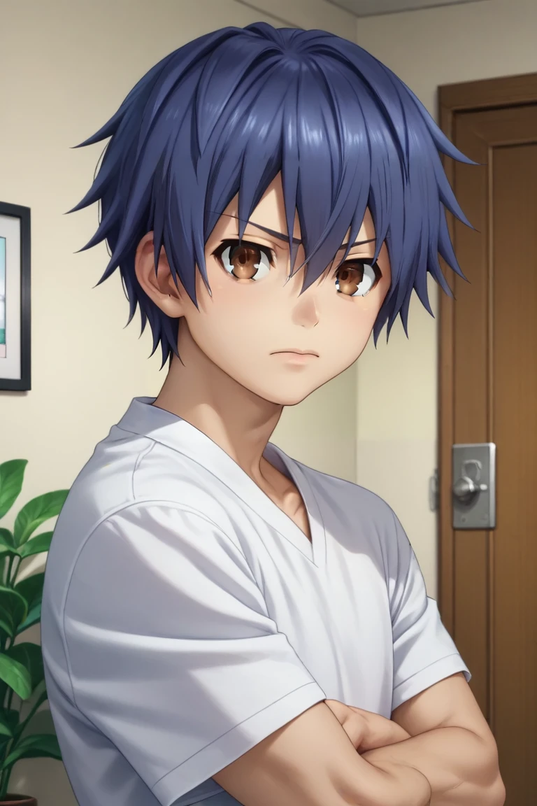 score_9, score_8_up, score_7_up, source_anime, (photorealistic:0.6), , upper body, , 1boy, solo, male focus, <lora:shidou_itsuka_pony:0.94>, shidou_itsuka, blue hair, brown eyes, short hair, hair between eyes, , apartment, Arms wrapped around oneself, indicating self-comfort, <lora:sdxl_lightning_8step_lora:1>