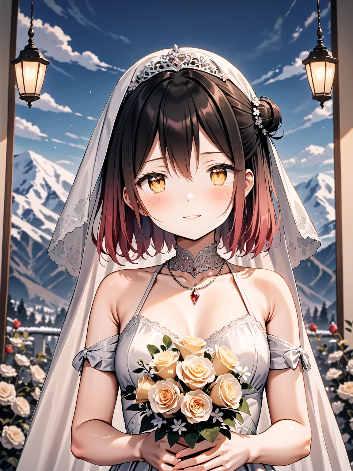 masterpiece, best quality, expressionless,Young married woman,gradient hair color,M bangs,golden eyes, <lora:joiXL:0.8>,one side bun,smile,
Wearing a white wedding dress with all kinds of gems,Wearing a white veil,Eyes half closed,Depth of Field,
She held the wedding bouquet in her hands and smiled with tears in her eyes,A Topaz necklace,
garden,Various stage lights flickered,There are blue sky and white clouds and snow-capped mountains in the distance,