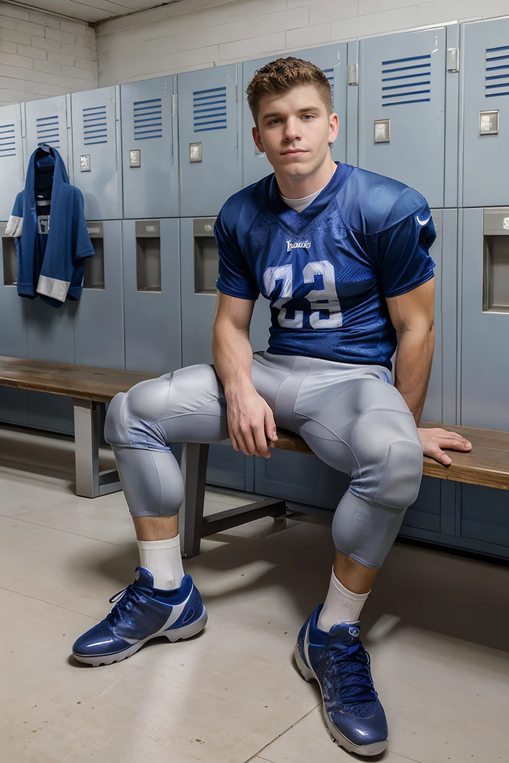 locker room, sitting on a bench, in front of lockers, DrakeVon is an (American football player), wearing (football uniform:1.3), (blue jersey:1.3), (jersey number 7), (pale silver football pants:1.3), (blue socks), (black sneakers), (((full body portrait))), wide angle  <lora:DrakeVon:0.8>