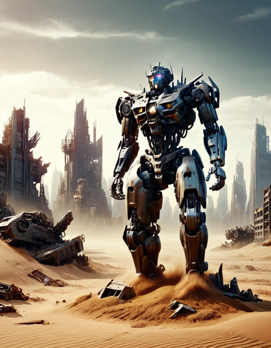 rusty (heavy armor battle mecha:1.5) burried in sand, apocalyptic city backdrop scene <lora:ral-apoctvisn-sdxl:1> ral-apoctvisn