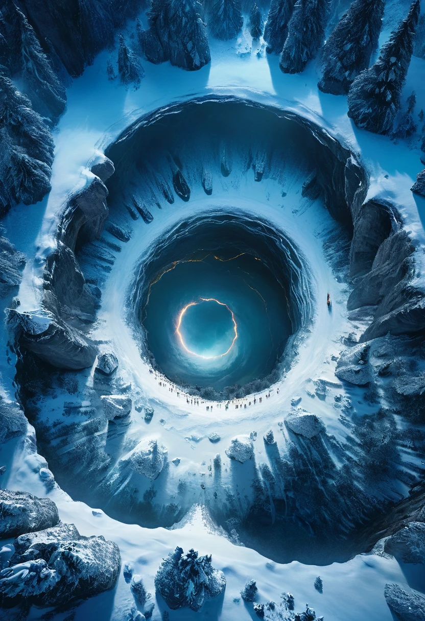 Aerial view close-up of an abyss like black hole in the space, epic cinema photo, dramatic lighting,high resolution, central composition,
Snow forest covers the surface, the village at night, rugged rock stacks at the entrance of the cave, thunder lightning, Low key dark tone photography
 <lora:xl_abyss:0.5>