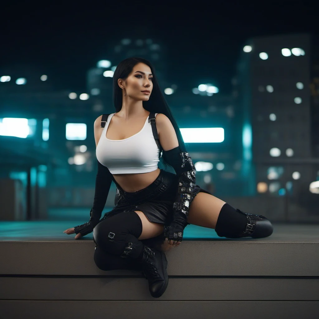 cinematic photo a full body Eurasian woman a woman in a white top and black skirt in a cyberpunk city <lora:Tifa1024:0.8> . 35mm photograph, film, bokeh, professional, 4k, highly detailed