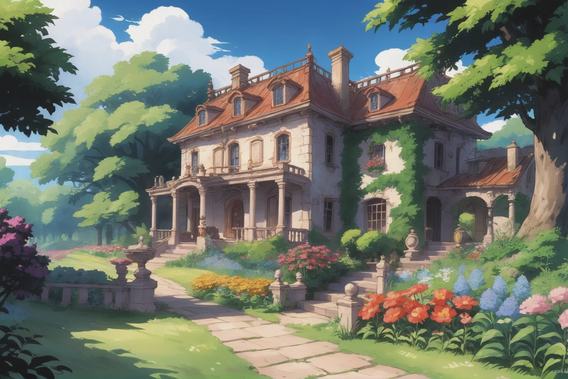 digital painting, whimsical anime movie background, a large country house with a flower garden and woods in the back<lora:76_dora-000005:1:1:lbw=SDXL_OUTS>