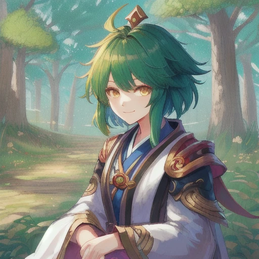 mana_sk, 1girl, solo, king, forest in background, short hair, green hair, portrait, looking at the viewer, ( focus on face:1.2), smile, robe, shirai kuroko, simple background, sitting, sketch, touhou, tree, white robe, yellow eyes, yin yang, zhongli genshin impact, zhongli archon genshin impact cosplay, zunusama chih <lora:Mana1:1>