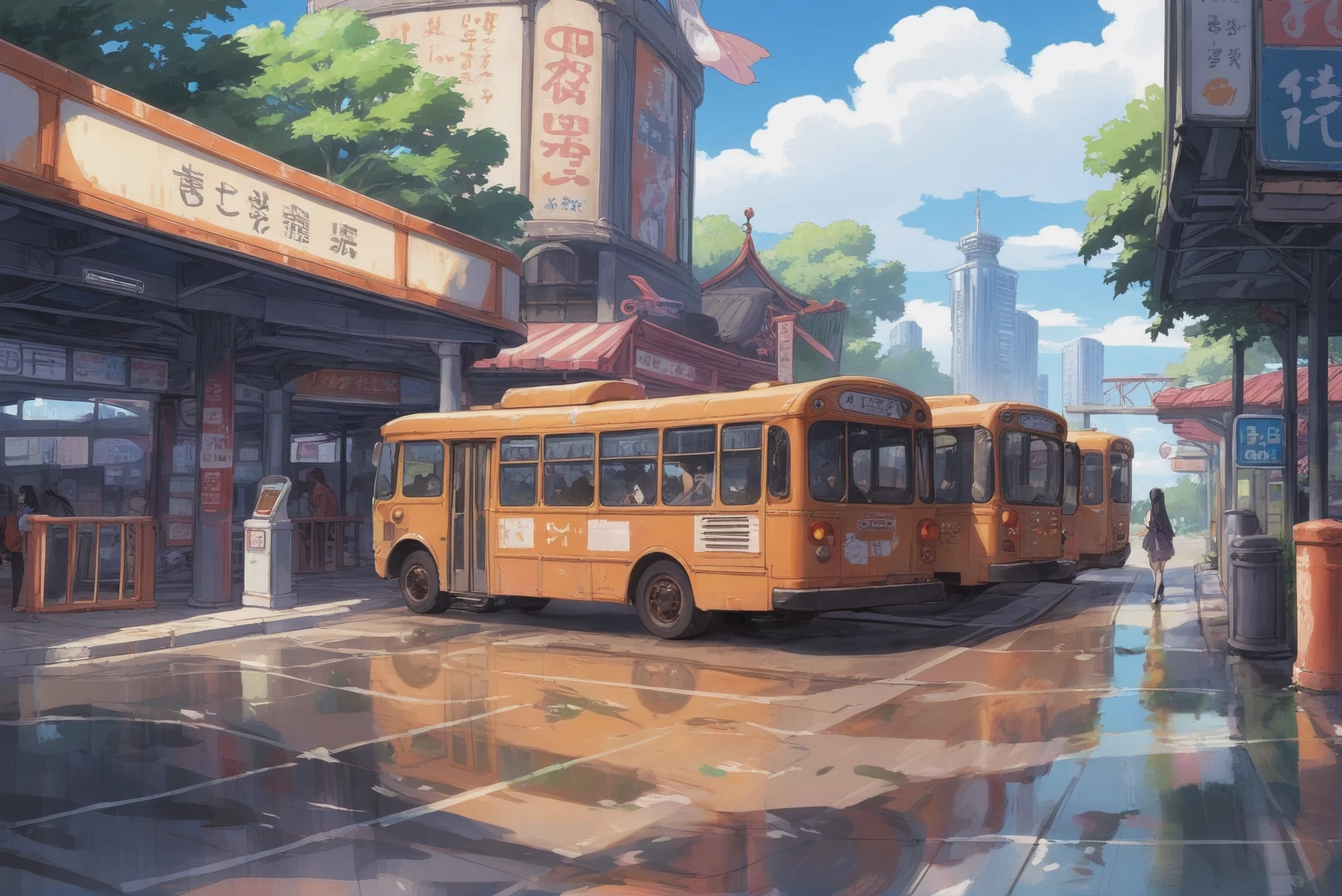 digital painting, whimsical anime movie background, a city bus station<lora:76_dora-000005:1:1:lbw=SDXL_OUTS>