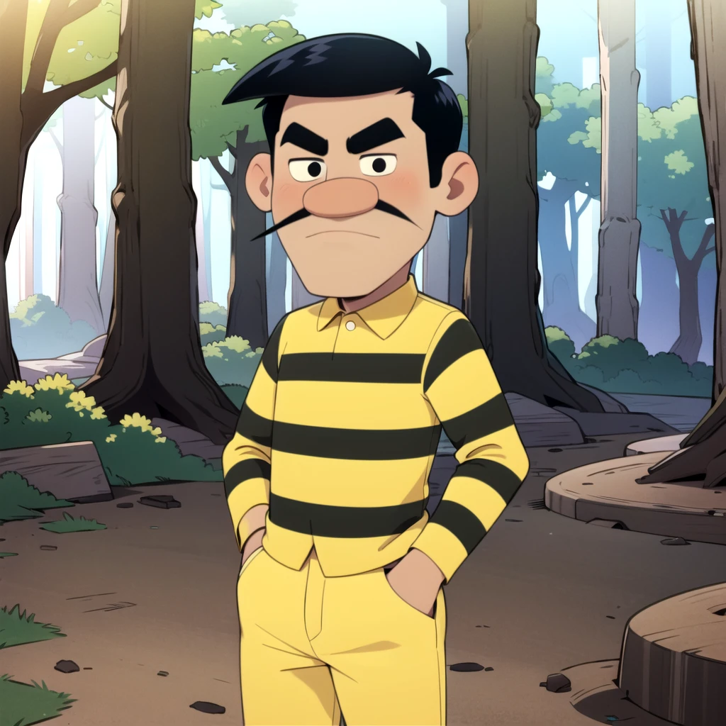 Joe Dalton, solo,  1boy,  black hair, black eyes,  facial hair, mustache, thick eyebrows, yellow striped shirt,  collared yellow shirt, yellow pants, <lora:Joe_Dalton_Leaf2:0.8>, cowboy shot, forest,  hands in pockets,