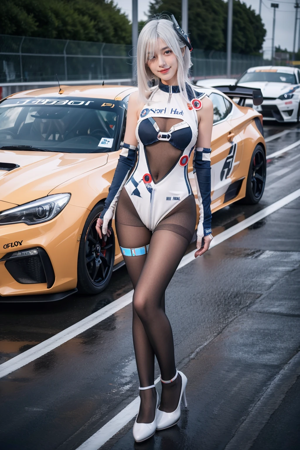 One Woman Race Queen Posing for the camera in front of a sports car High leg Low - Angle Cute smile
