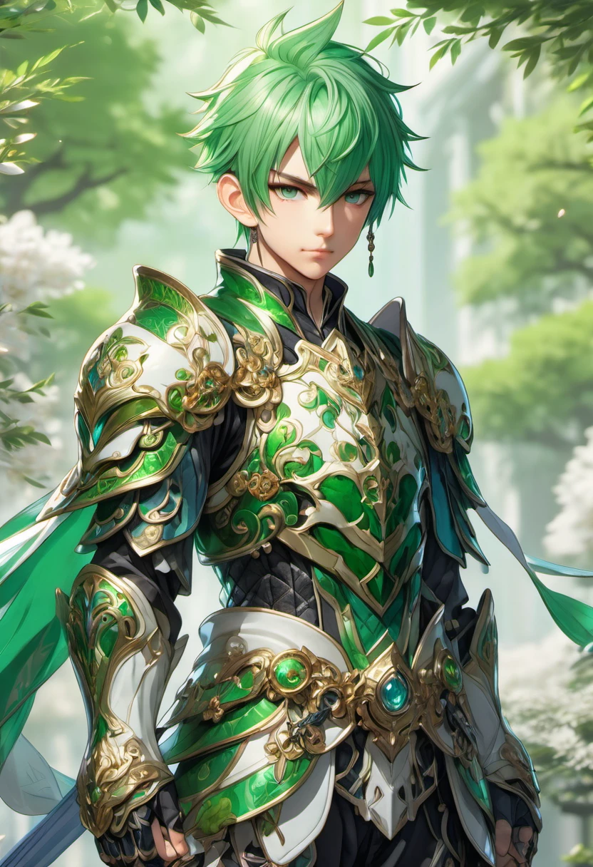 (((masterpiece))) , (((best quality))) , anime style, 2d, well-built charming 1boy, solo, lovely 1boy, 
MMO-ish-Japan, full body view, beautiful gorgeous green haired male, wearing intricate fantasy armor, he has Shaved sides hair, key visual, 