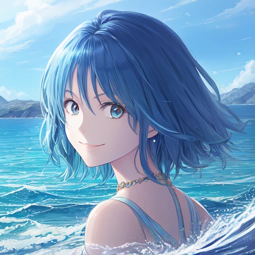 mana_sk, 1girl, solo, villain, sea in background, short hair, blue hair, portrait, looking at the viewer, ( focus on face:1.2), smile, jewelry, <lora:Mana2:1>