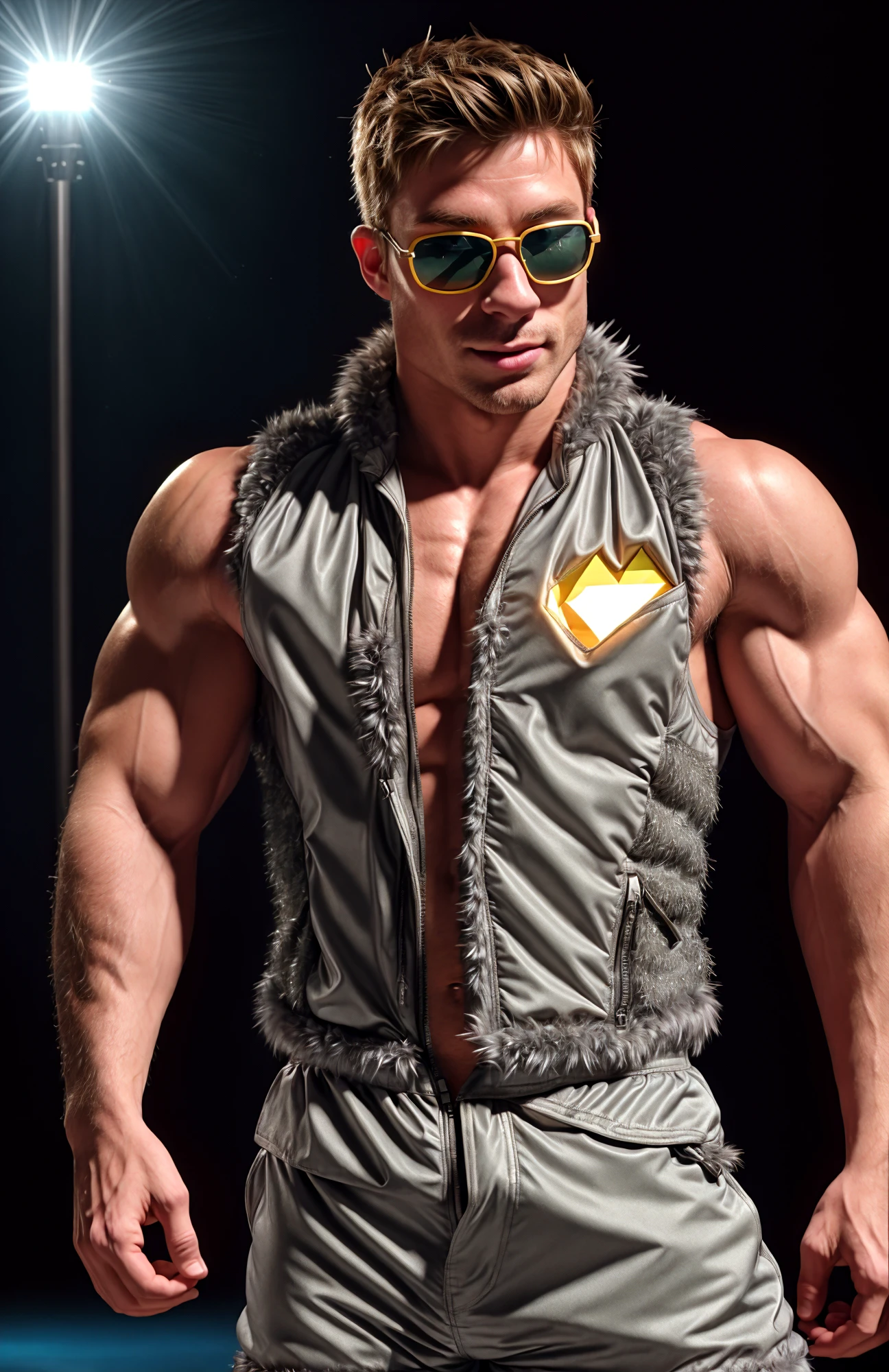 <lora:BulkedUpAIR1.5:0.2>. (close up body shot:0.7), at night time dance party:1.2, , wearing military shorts, (wearing flamboyant grey and silver fur vest:1.3), (wearing giant oversized diamond encrusted sunglasses:1.2), confident, handsome, (((masterpiece))), (((best quality))), <lora:more_details:0.5>, large pectorals, big muscles:0.5, (bright dance party lighting:1.3), ((sexy pose:1.3)), ((hands on waist),  jock hairstyle:1.2, male, lower color saturation:1, lower contract color:1, (proper anatomy:1.3), (proper body parts:1.3), HansGretel, <lora:HansGretel (5):1.0>