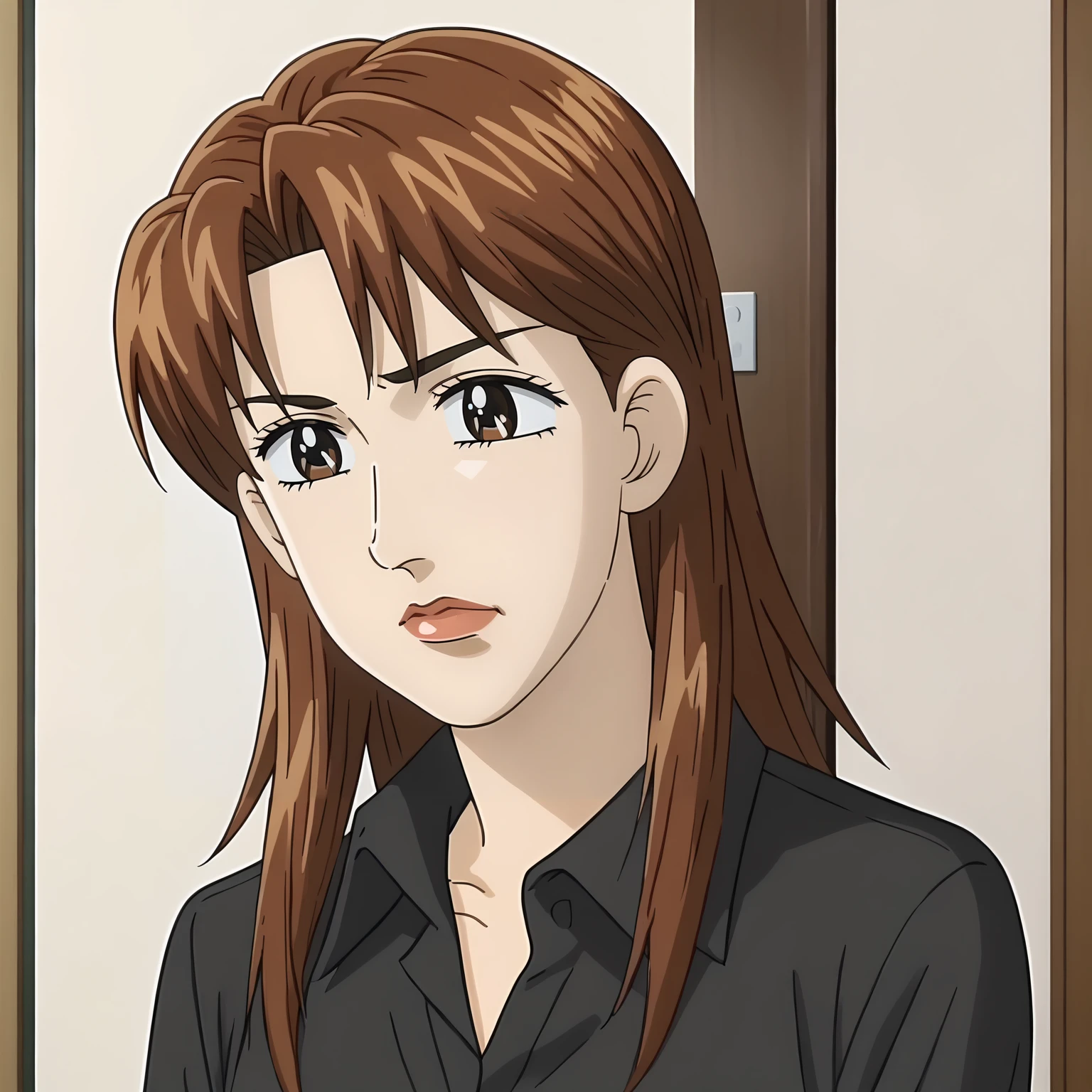 <lora:ReinaAkikawaXLpony001>,
solo,
ReinaAkikawa,1girl,brown hair,long hair,brown eyes,
collared_shirt,black shirt,