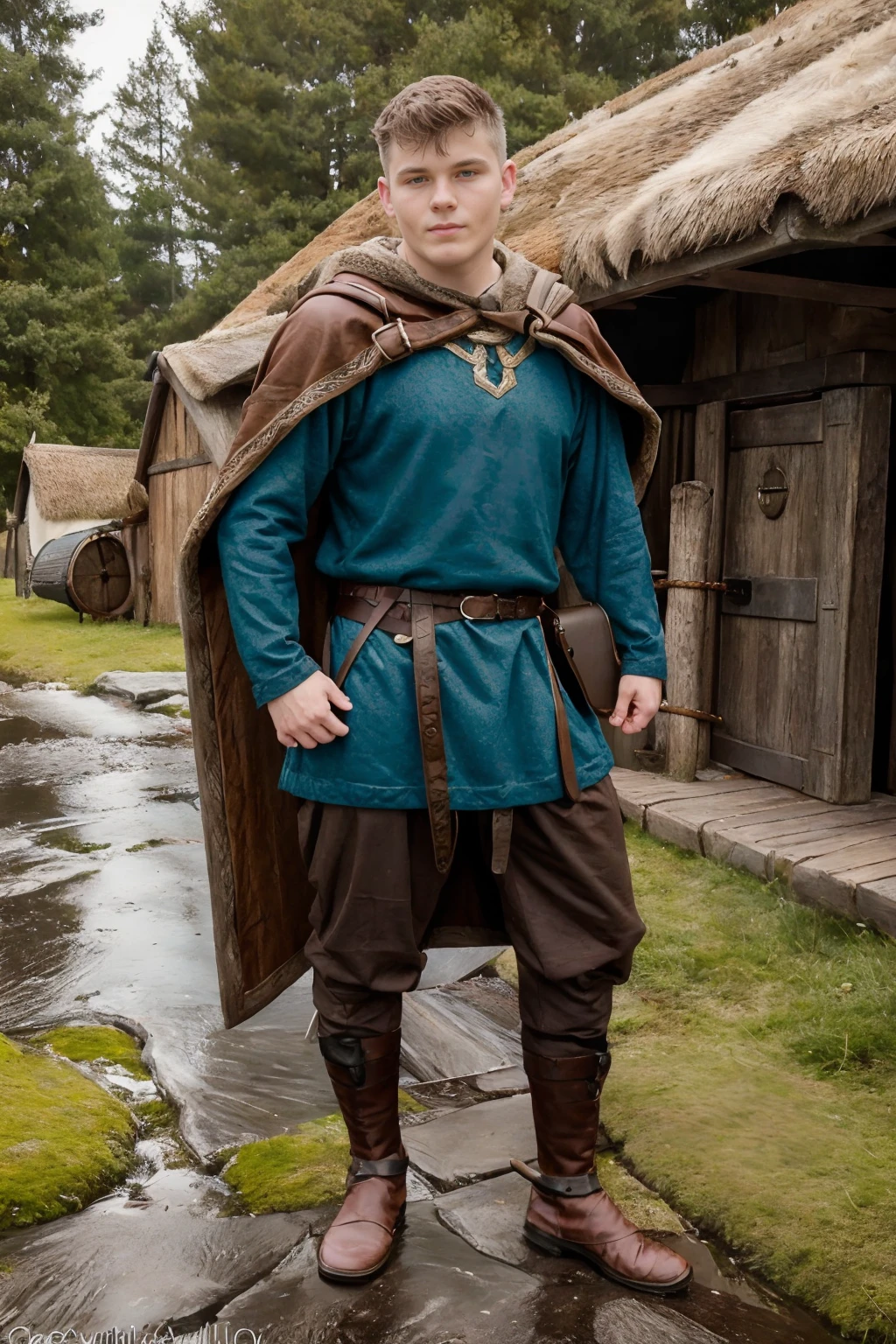 ViVi, standing in a Viking village, clean shaven, DrakeVon wearing norsemenclothes, tunic, cloak, belt, leather vambrace, pants, (((full body portrait))), (full body), wide angle,  <lora:DrakeVon:0.8>   <lora:NorseMenClothes:0.7>  <lora:VikingVillage:0.75>