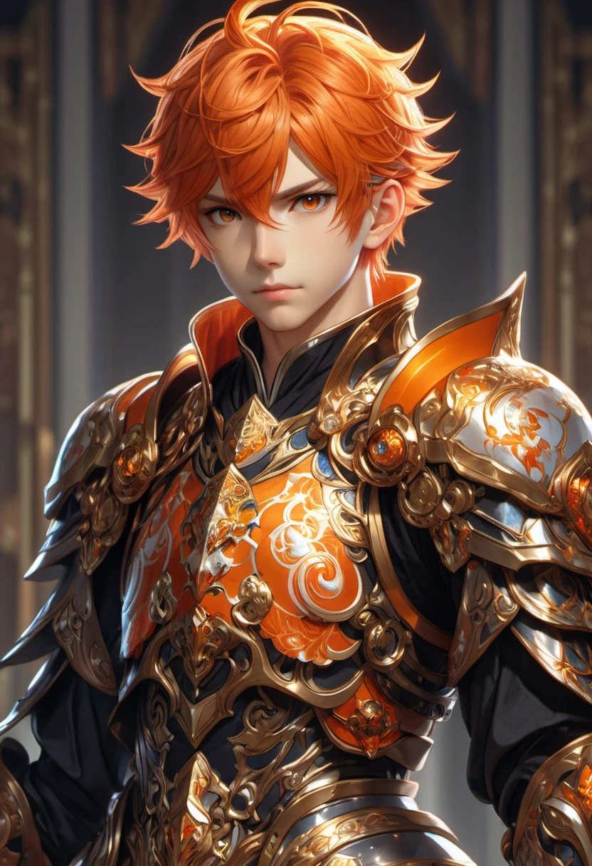 (((masterpiece))) , (((best quality))) , anime style, 2d, well-built charming 1boy, solo, lovely 1boy, 
MMO-ish-Japan, full body view, beautiful gorgeous orange haired male, wearing intricate fantasy armor
, he has Shaved sides hair, key visual, 