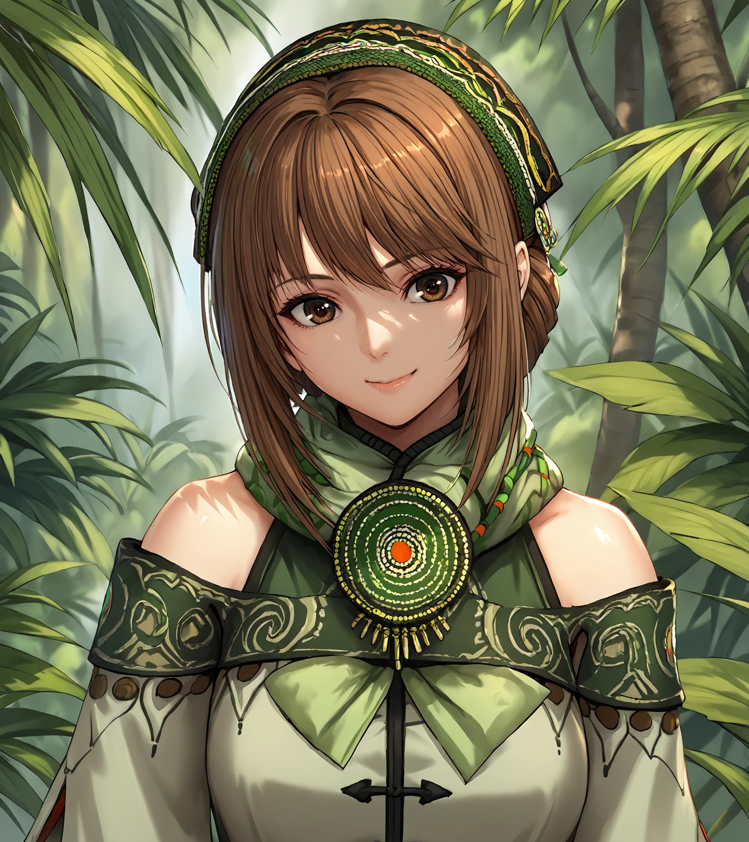 score_9, score_8_up, score_7_up, score_6_up, score_5_up, score_4_up, BREAK source_anime,
1girl, solo, <lora:BaoSanniangDW9:0.9>, Bao Sanniang, brown eyes, brown hair, medium hair, hair ornament, medium breasts, jewelry, green top, green scarf, bare shoulders, detached sleeves, black shorts, fingerless gloves, legband, sandals,
looking at viewer, smile, 
outdoors, jungle, upper body, portrait 
<lora:piroponyv3:1>, <lora:Chocochip:0.8>,