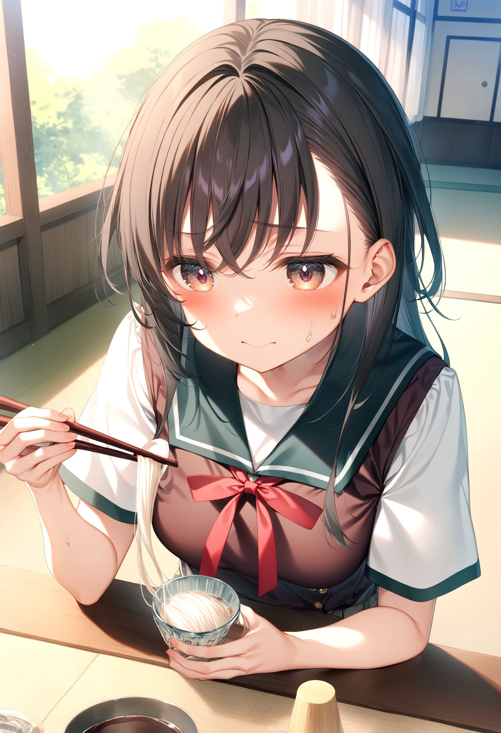 1girl, sincos, ningen mame, toosaka asagi,<lora:sdxl2-flat2-512b:-1>,medium breasts,school uniform, short sleeves,brown hair, brown eyes,
soumen, chopsticks, holding bowl, sitting,day, table, indoors, <lora:soumen_XL_v1:0.8>
dutch angle, upper body, looking ahead, flustered, closed mouth,
masterpiece,best quality, very aesthetic, absurdres,