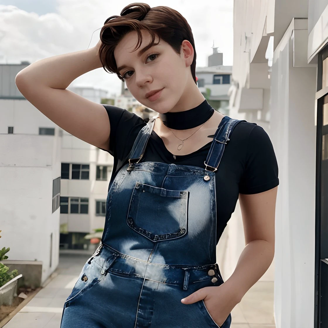 <lora:morgandrinkscoffee:1> morgandrinkscoffee, short hair,  <lora:0v3r4lls:0.8> 0v3r4lls, denim, overalls