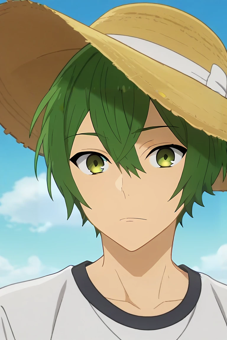 score_9, score_8_up, score_7_up, source_anime, anime screencap, , , looking at viewer, , , 1boy, solo, male focus, <lora:shuu_iura_pony:0.84>, shuu_iura, green hair, green eyes, short hair, hair between eyes, athletic wear, sun hat, The Island of Dreams: A place where all your deepest desires come true, , <lora:sdxl_lightning_8step_lora:1>