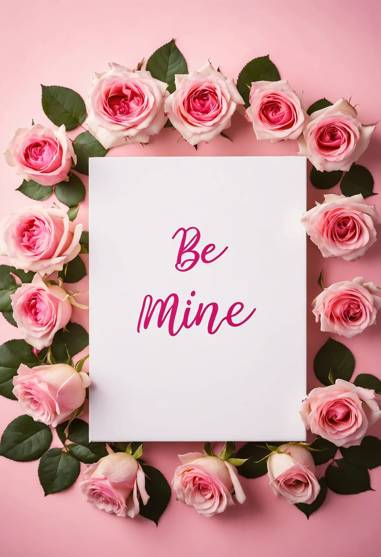 lightbox sign, "BE MINE" text, heart symbol, pink roses, pink background, Valentine's Day concept, romantic gesture, floral, vertical composition, high-resolution image, vibrant colors, love message, decorative setup, soft lighting, top view, emotional sentiment, clear typography, modern romance, still life,