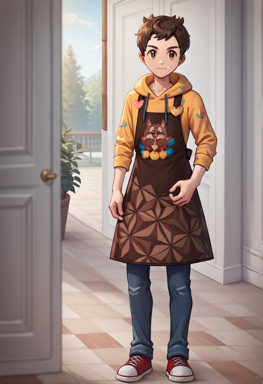 score_9, score_8_up, score_7_up, score_6_up, score_5_up, score_4_up, best quality, amazing quality, best aesthetic, absurdres, solo ,victor_val, brown hair, brown eyes, yellow hoodie, brown apron, sneakers, blue pants, source_<lora:EMS-350938-EMS:1.000000>