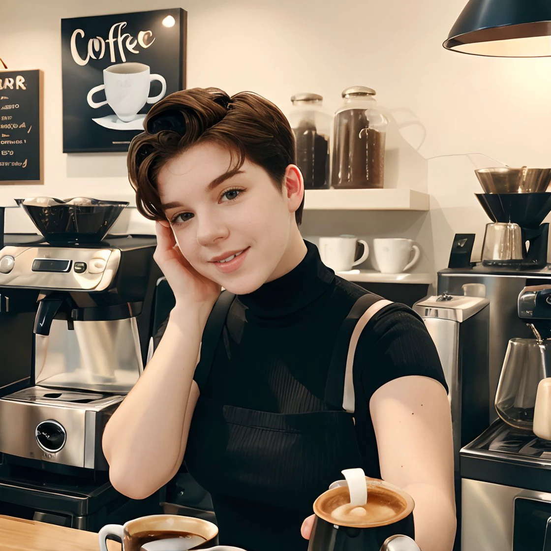 <lora:morgandrinkscoffee:1> morgandrinkscoffee, short hair ,  turtleneck, coffee shop, making coffee