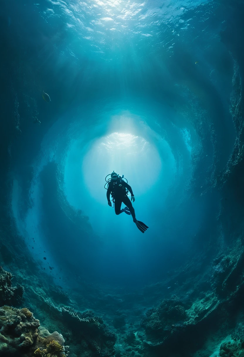 abyss, epic cinema photo, dramatic lighting,high resolution, central composition,
a experienced scuba diver on the sea, dark sky, and a terrifying atmosphere, Top view lens, ultra long shot, daytime
 <lora:xl_abyss:0.7>