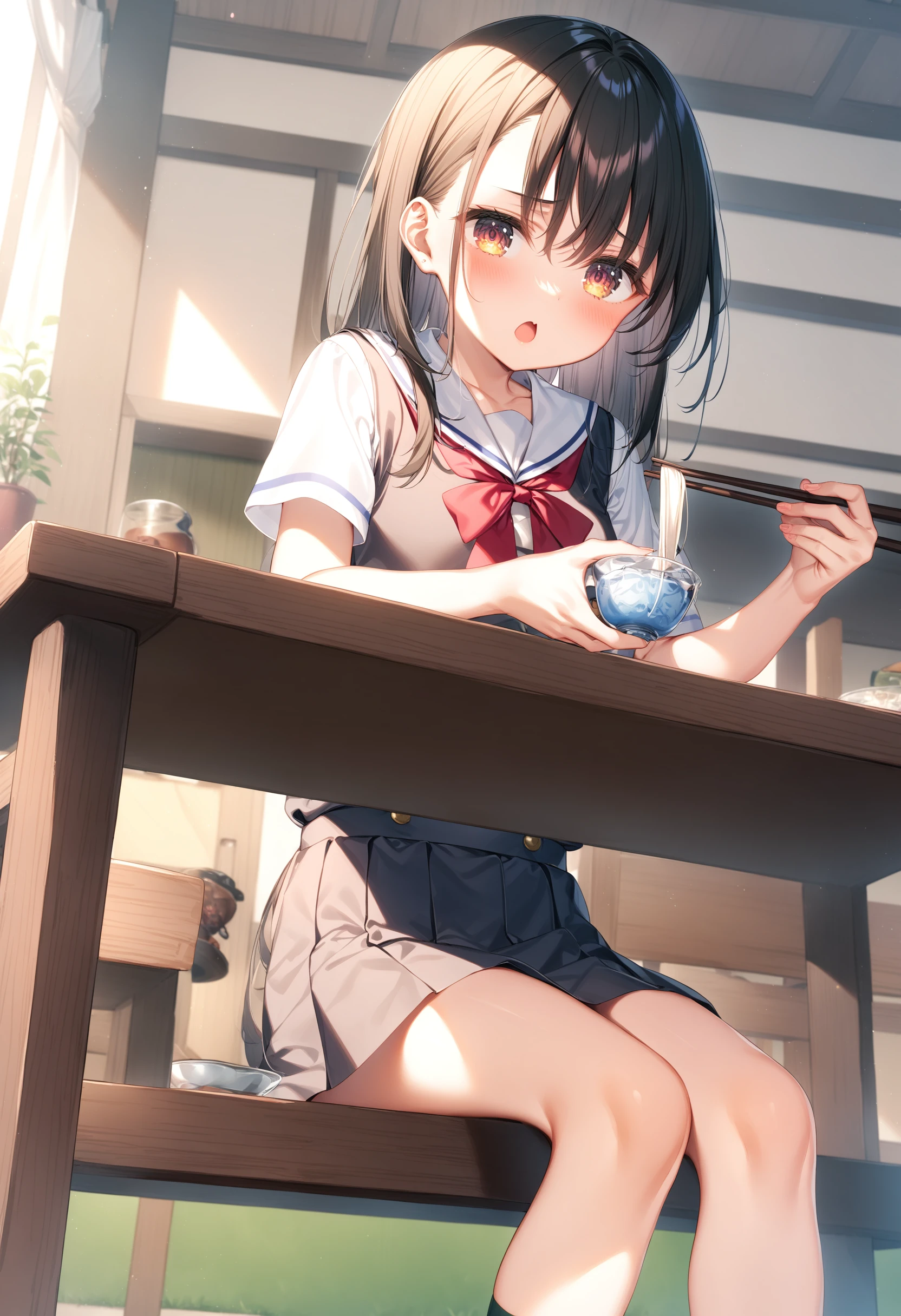 1girl, sincos, ningen mame, toosaka asagi,<lora:sdxl2-flat2-512b:-1>,medium breasts,school uniform, short sleeves,brown hair, brown eyes,
soumen, chopsticks, holding bowl, sitting,day, table, indoors, <lora:soumen_XL_v1:0.8>
ceiling, feet out of frame, looking to the side, doyagao, open mouth,
masterpiece,best quality, very aesthetic, absurdres,