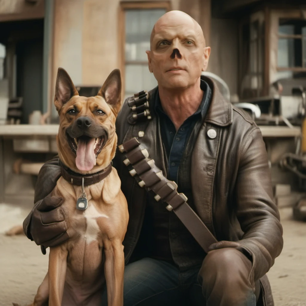 cinematic photo a full body bald man with a long leather jacket takes a selfie with a dog <lora:TheGhoul1024:0.9> . 35mm photograph, film, bokeh, professional, 4k, highly detailed