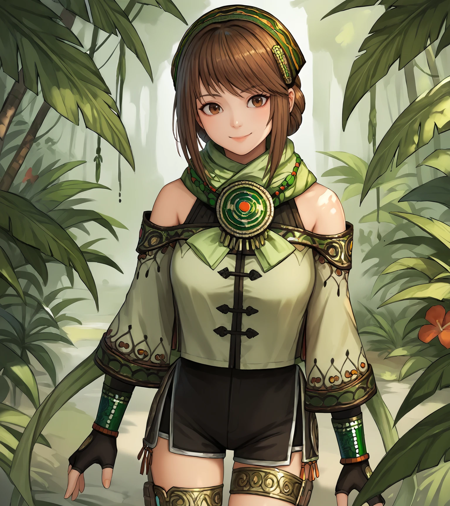 score_9, score_8_up, score_7_up, score_6_up, score_5_up, score_4_up, BREAK source_anime,
1girl, solo, <lora:BaoSanniangDW9:0.9>, Bao Sanniang, brown eyes, brown hair, medium hair, hair ornament, medium breasts, jewelry, green top, green scarf, bare shoulders, detached sleeves, black shorts, fingerless gloves, legband, sandals,
looking at viewer, smile, 
outdoors, jungle, upper body, portrait 
<lora:camonome:0.8>,