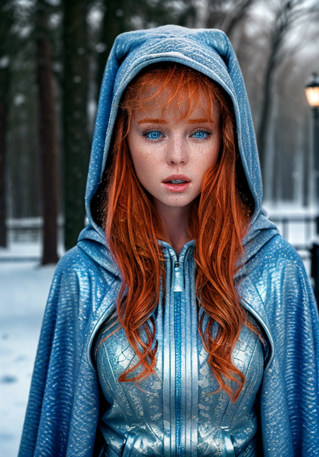 HDR photo of barbii123 woman, ginger hair, light-blue eyes, perfect eyes, wearing a hooded cloak, hood up, walking outside in the snow, snowing, park, night . High dynamic range, vivid, rich details, clear shadows and highlights, realistic, intense, enhanced contrast, highly detailed, <lora:breastsizeslideroffset:-0.5>, <lora:barbii123-15:1>,