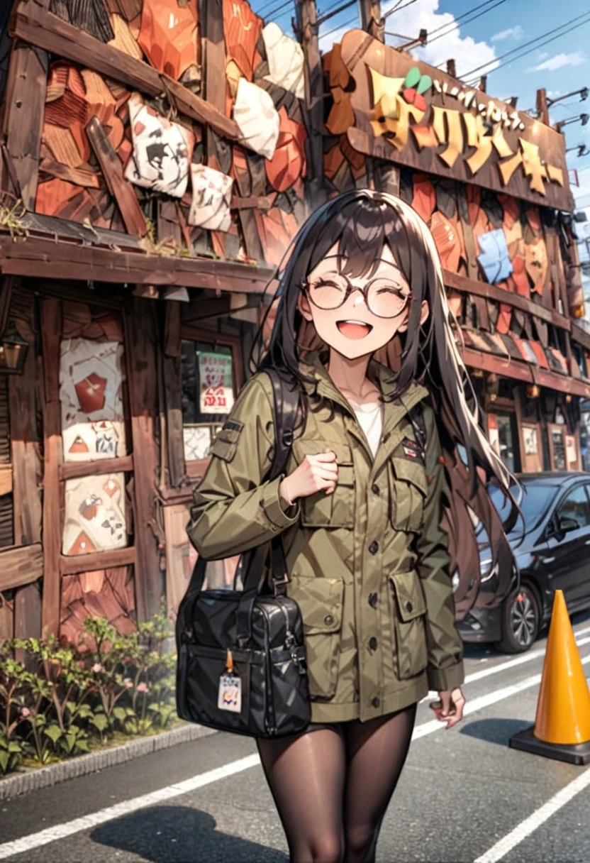 masterpiece, best quality, very aesthetic, absurdres,
1girl, solo, glasses, black hair, long hair, field jacket, ants, black bag, smile, laughing, looking at viewer, solo focus,
bikdonama, storefront, car, traffic cone, road, outdoors, sky, day, cloud, power lines, building, sign, real world location, utility pole, blue sky, road sign
<lora:bikkuri_donkey1_SDXL_V1:0.8>