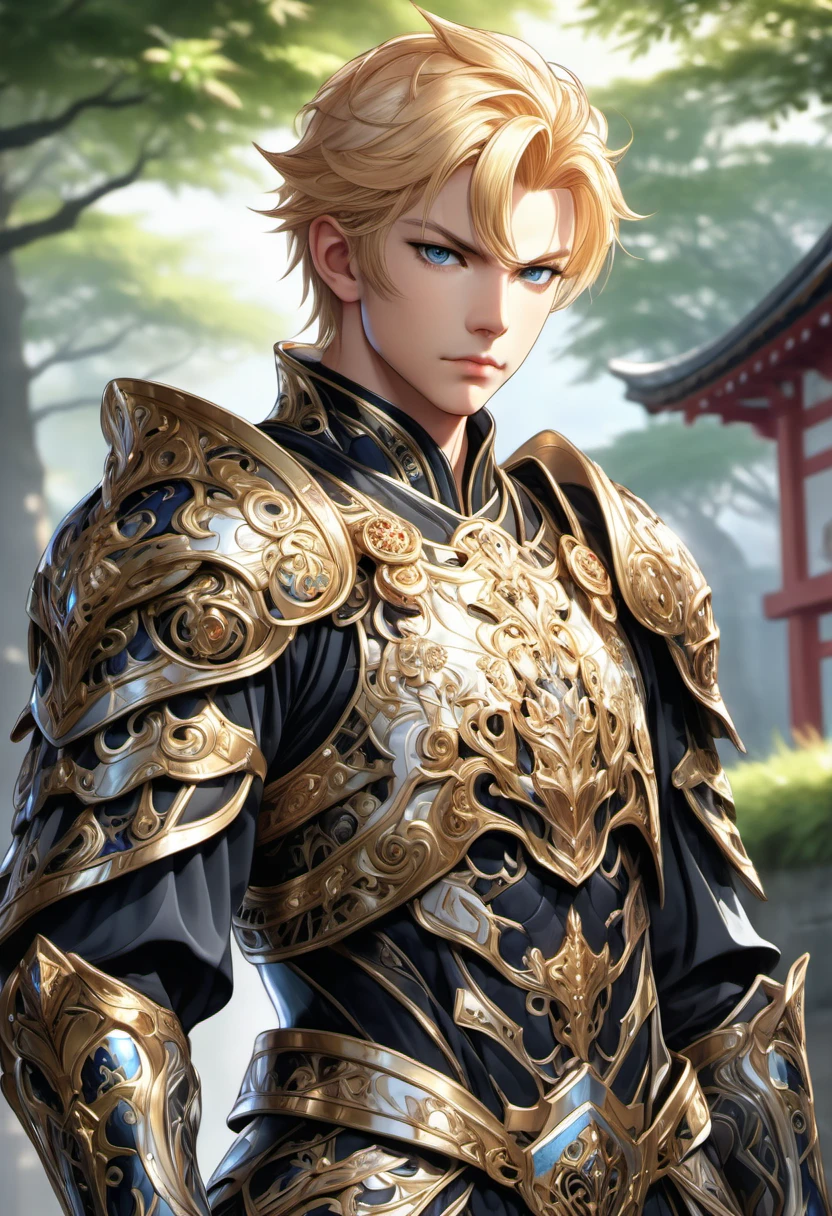 (((masterpiece))) , (((best quality))) , anime style, 2d, well-built charming 1boy, solo, lovely 1boy, MMO-ish-Japan, full body view, beautiful gorgeous Shannon Tweed, wearing intricate fantasy armor
, he has Shaved sides hair, key visual, 