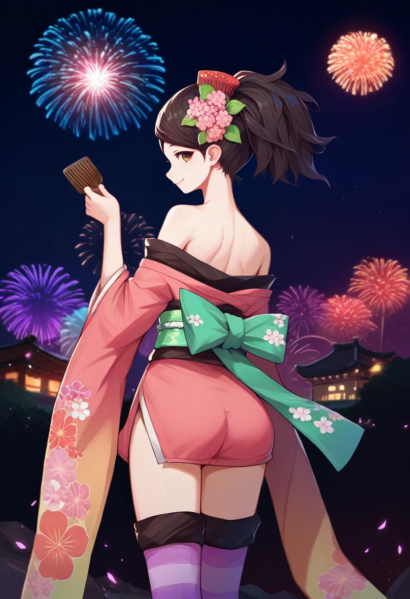 score_9, score_8_up, score_7_up, source_anime, from behind, solo, 1girl, momohime, smile, looking back, ponytail, hair flower, comb, japanese clothes, short kimono, pink kimono, off shoulder, green sash, striped thighhighs, fireworks <lora:muramasa_momohime_ponyXL:1>