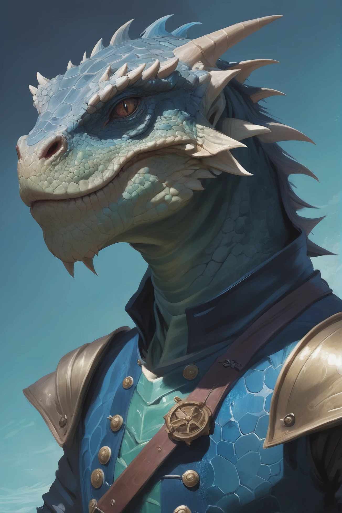 digital painting, male dragonborn sea captain, reptilian skin, subsurface scattering light color:cadetblue and blue scales, Dust Cloud Regions<lora:EnvyStarlightDragonborn01:1>