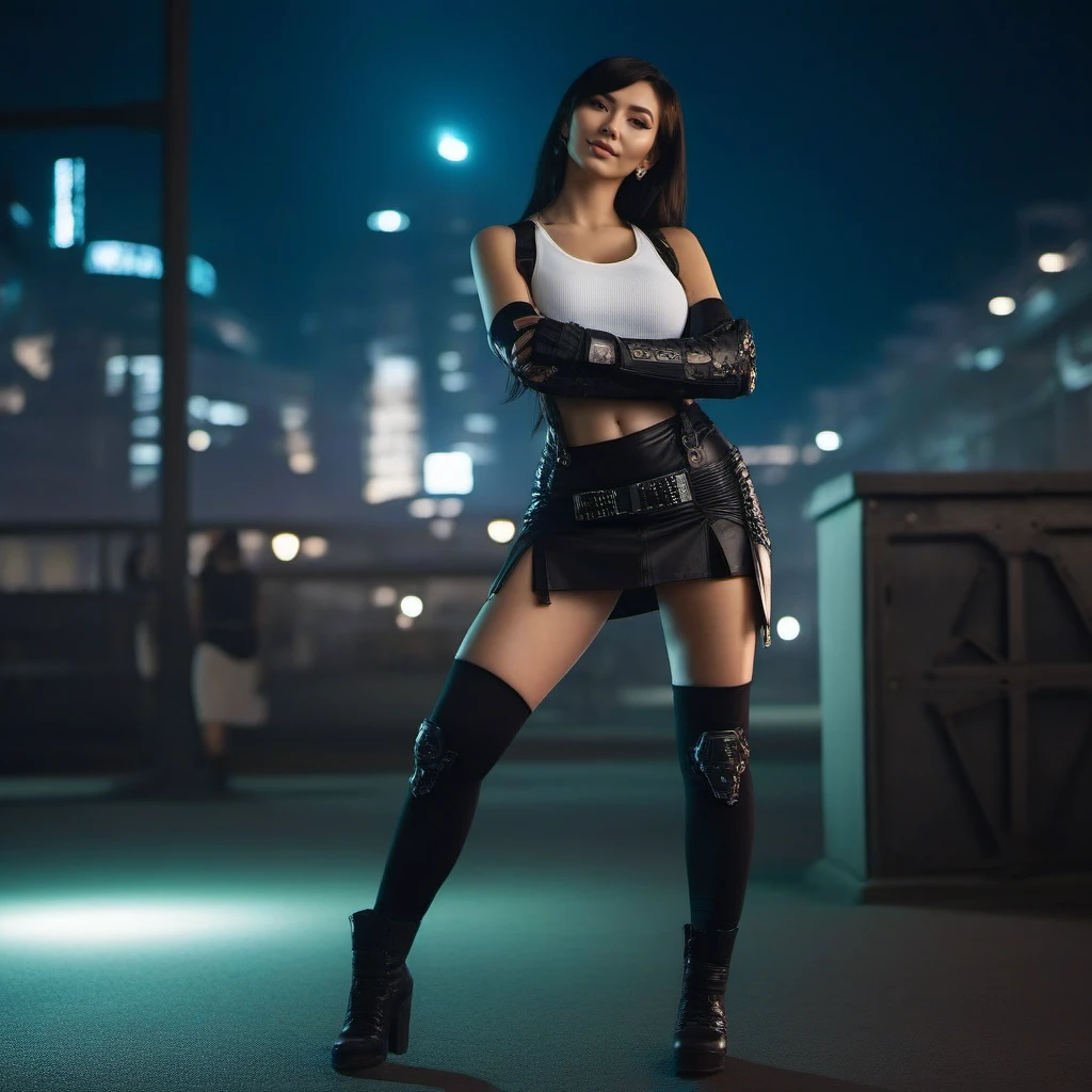 cinematic photo a full body Eurasian woman a woman in a white top and black skirt in a cyberpunk city <lora:Tifa1024:0.8> . 35mm photograph, film, bokeh, professional, 4k, highly detailed