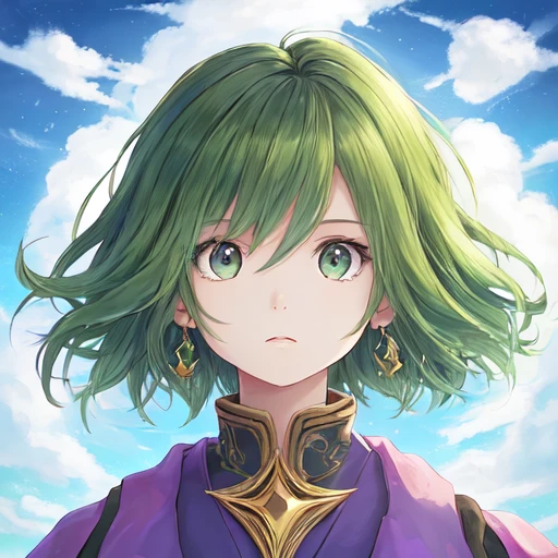 mana_sk, 1girl, solo, wizard, sky in background, short hair, green hair, portrait, looking at the viewer, ( focus on face:1.2), surprised, jewelry, <lora:Mana2:1>