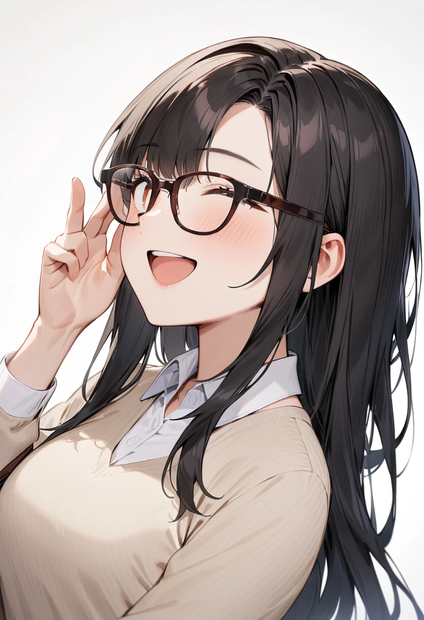 masterpiece, best quality, very aesthetic, absurdres, 
1girl, solo, black hair, long hair,
Wellington22A, glasses, brown-framed eyewear,
collared shirt, happy, smile, looking at another, adjusting eyewear, white background, simple background, 
 <lora:glasses_Wellington_cellframe1_SDXL_V1:0.8>