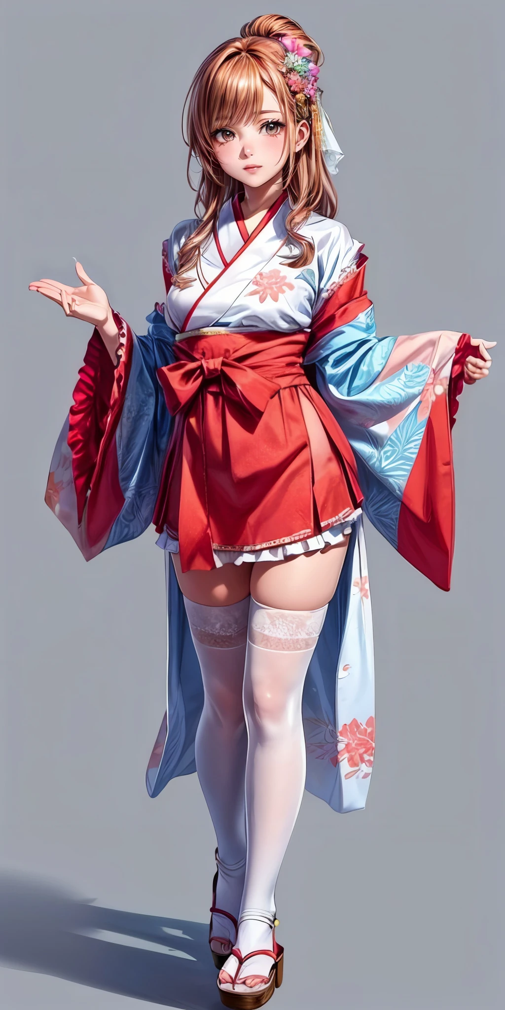 masterpiece,ultra-detailed,best quality,8K,illustration,cute face,clean skin ,shiny hair,
girl,breasts<lora:more_details:1>,simple background,full body
 <lora:orihime v1.0:0.5> jyojifuku, orihime, wide sleeves, hair ornament,frills,shawl,white thighhighs,red kimono