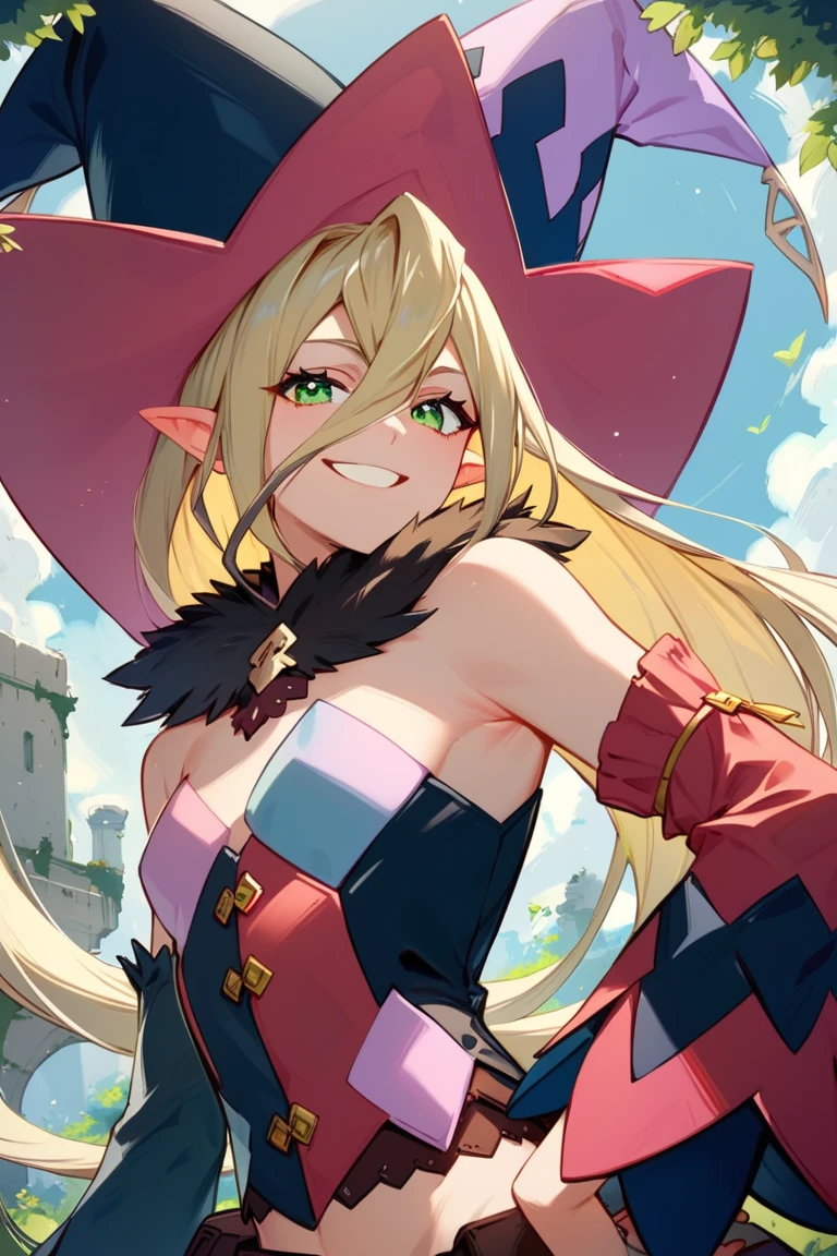 score_9, score_8_up, score_7_up, very aesthetic, source_anime, detailed, high quality, beautiful, masterpiece, detailed eyes,
forest, ruins,
<lora:lightXL:0.8>
dynamic angle, from below, from behind, close up, upper body,
grin, looking at viewer, hand over head, armpit, dynamic pose,
<lora:magilou_autismConfetti_v01:0.95>
magilou \(tales\), blonde hair, very long hair, green eyes, hair between eyes, pointy ears,
bare shoulders, hat, mismatched sleeves, asymmetrical sleeves, detached sleeves, fur collar, fur-trimmed collar, mismatched legwear, asymmetrical footwear, mismatched footwear, strapless,, zPDXL