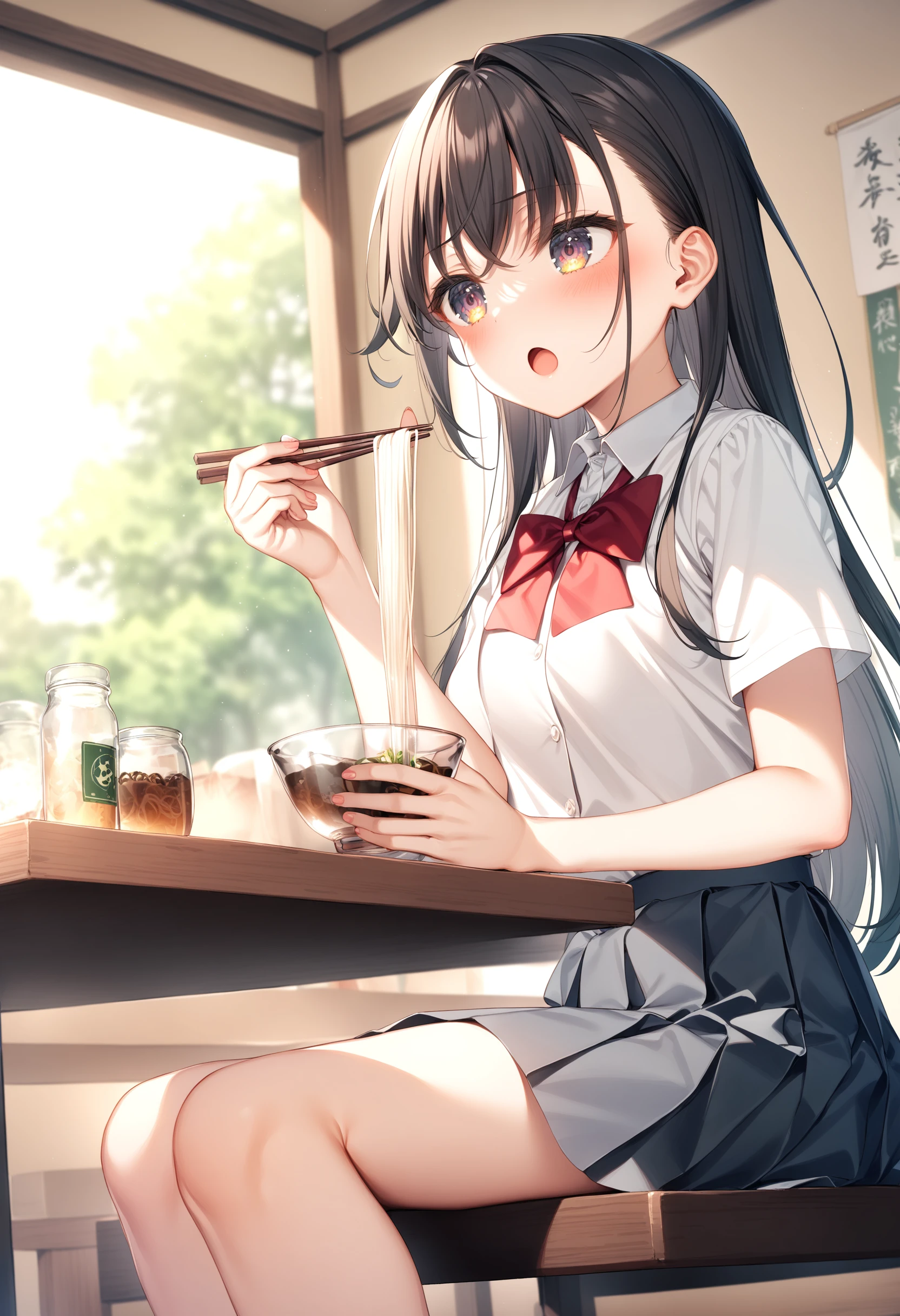 1girl, sincos, ningen mame, toosaka asagi,<lora:sdxl2-flat2-512b:-1>,medium breasts,school uniform, short sleeves, brown eyes,
soumen, chopsticks, food, eating, noodles, holding bowl, sitting,day, table, indoors, <lora:soumen_XL_v1:0.8>
from side, cinematic angle, looking away, blush, open mouth,
masterpiece,best quality, very aesthetic, absurdres,