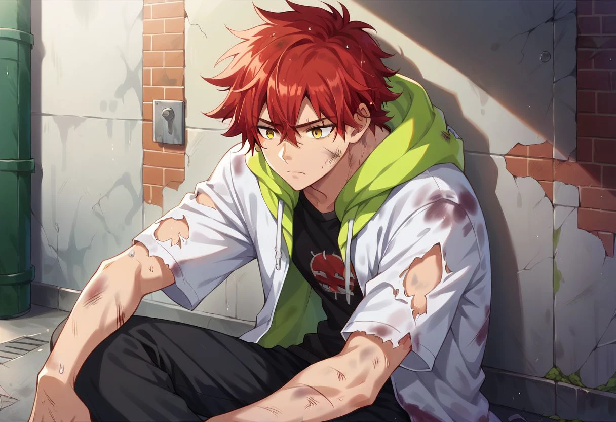 score_9, score_8_up, score_7_up, reki kyan, 1boy, solo, red hair, yellow eyes, messy hair, green hoodie, white jacket, short sleeves, black pants, torn clothes, dirty, bruises, emotionless, wall, alley, sitting,