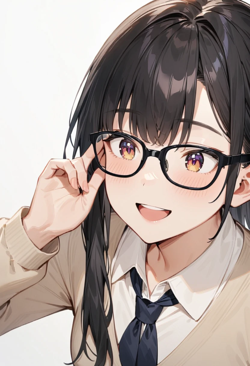 masterpiece, best quality, very aesthetic, absurdres, 
1girl, solo, black hair, long hair,
Wellington22A, glasses, black-framed eyewear,
collared shirt, happy, smile, looking at another, adjusting eyewear, white background, simple background, 
 <lora:glasses_Wellington_cellframe1_SDXL_V1:0.8>