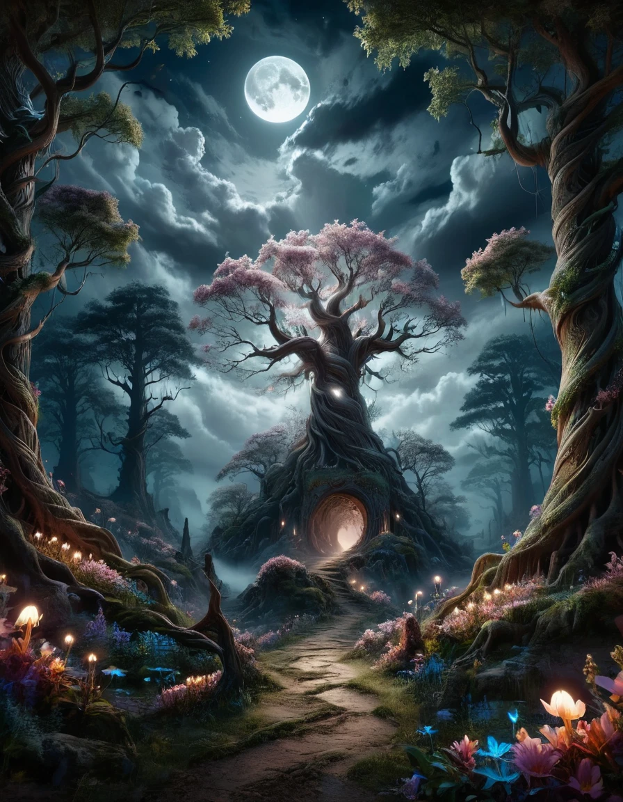 A mesmerizing mythical nightscape featuring a dark, cloudy sky with a full moon casting eerie shadows. In the foreground, a towering tree with twisted branches and glowing flowers illuminates the mysterious path ahead  <lora:ral-fntsyrlms-sdxl:1> ral-fntsyrlms