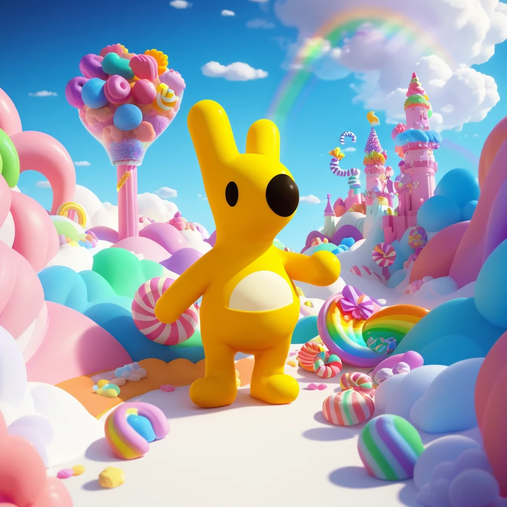 (((tuantuan))),Raise left hand,solo,full body,standing,white background,black eyes,arms open,walking,a cute fluffy cloud machine holding an elaborate rainbow candy factory,surrounded by other fluffy clouds and rainbows,with the background of candy land and fairy tale world,unreal engine 5,octane render,volumetric lighting,high resolution,<lora:meituan1.5-000009:0.8>,