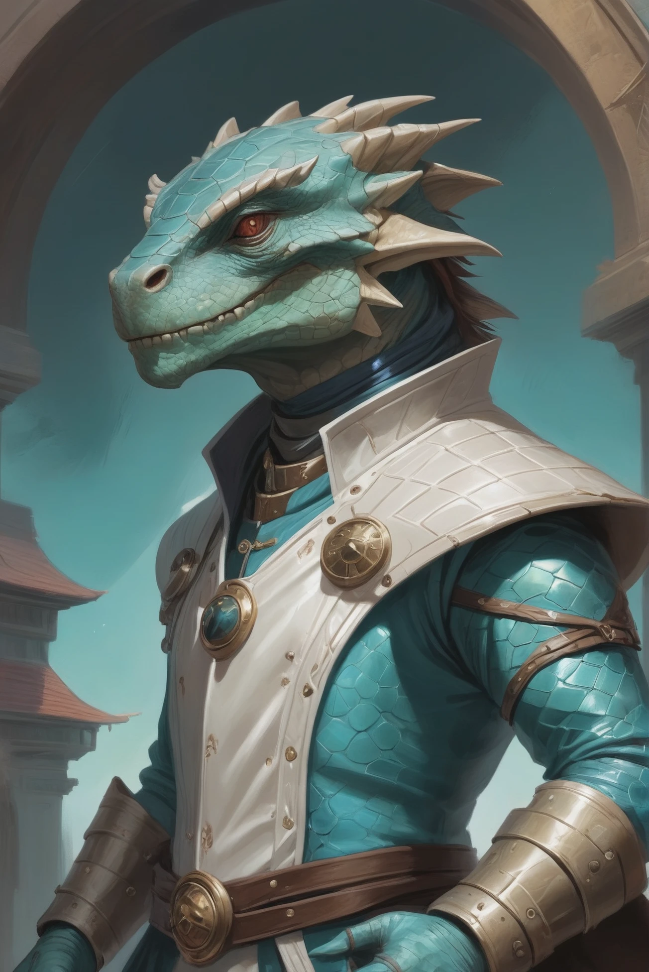 digital painting, male dragonborn sea captain, reptilian skin, brushed color:mediumturquoise metal and antiquewhite scales, indescribable scifi metropolis beyond the beginning of the universe<lora:EnvyStarlightDragonborn01:1>