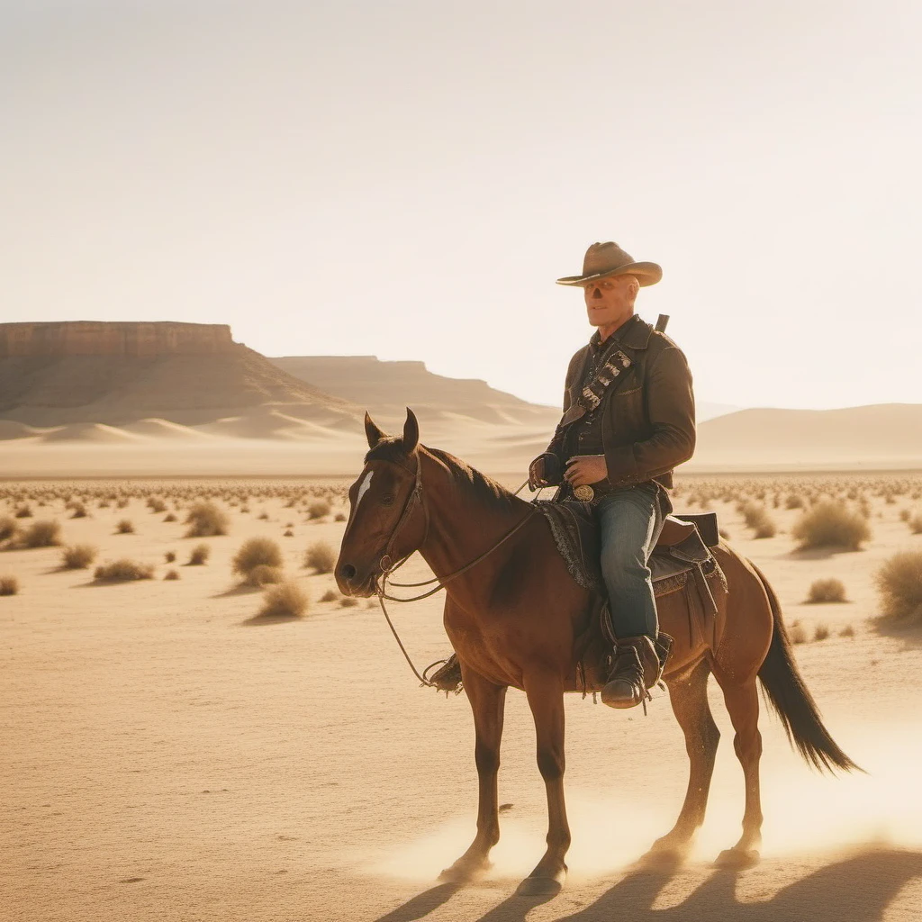 cinematic photo a full body bald cowboy rides a horse, mesa background, desert <lora:TheGhoul1024:0.8> . 35mm photograph, film, bokeh, professional, 4k, highly detailed