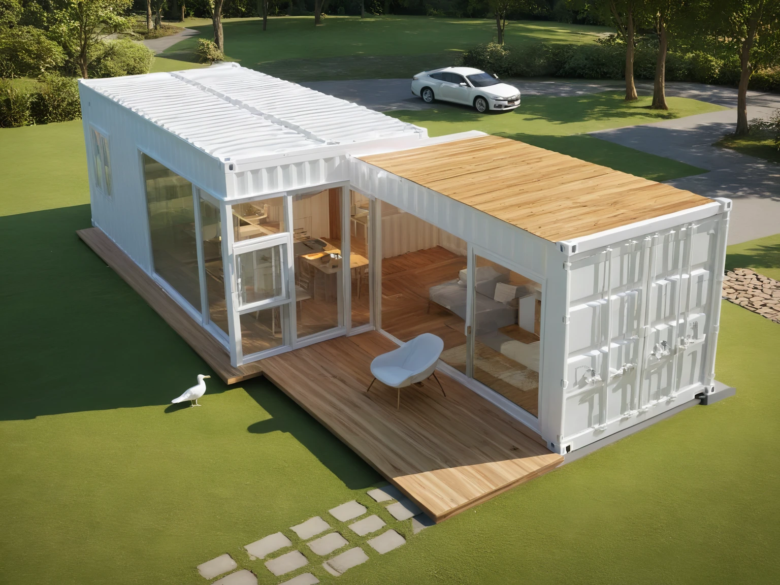 <lora:JJsContainerHouse_XL:.8>,   ((Container House)), ((masterpiece)), ((best quality)), scenery, real world location,  realistic,  high detailed, , soft lighting, clear sky, road, lawn, (white),bird, sunshine, car, wood,