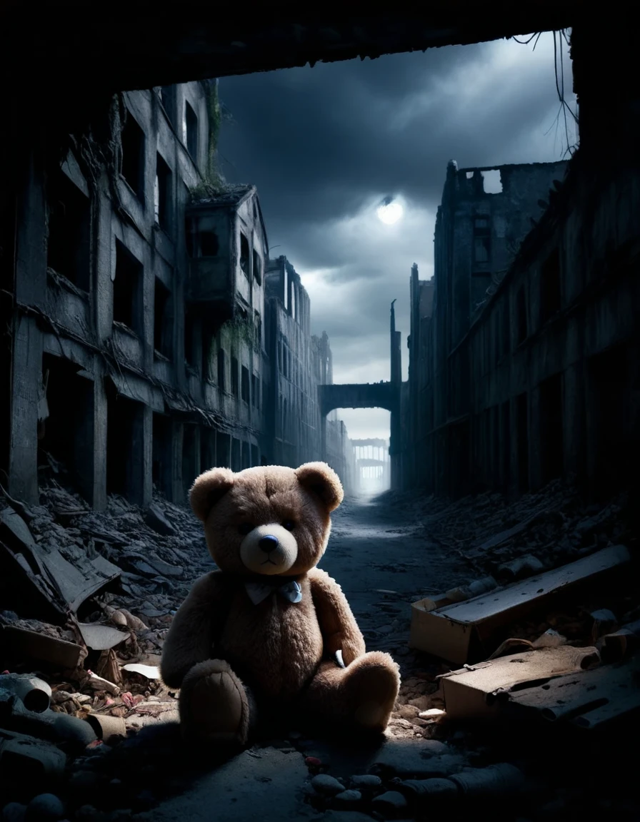 a teddybar lost in a dark alley <lora:ral-apoctvisn-sdxl:1> ral-apoctvisn