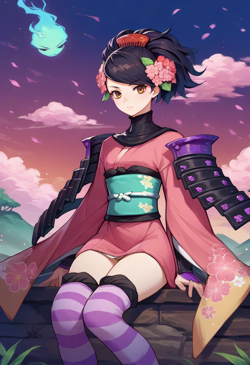 score_9, score_8_up, score_7_up, source_anime, solo, 1girl, momohime, expressionless, looking at viewer, sitting, ponytail, hair flower, comb, japanese clothes, japanese armor, short kimono, pink kimono, sash, obi, shoulder armor, sode, striped thighhighs, outdoors <lora:muramasa_momohime_ponyXL:1>