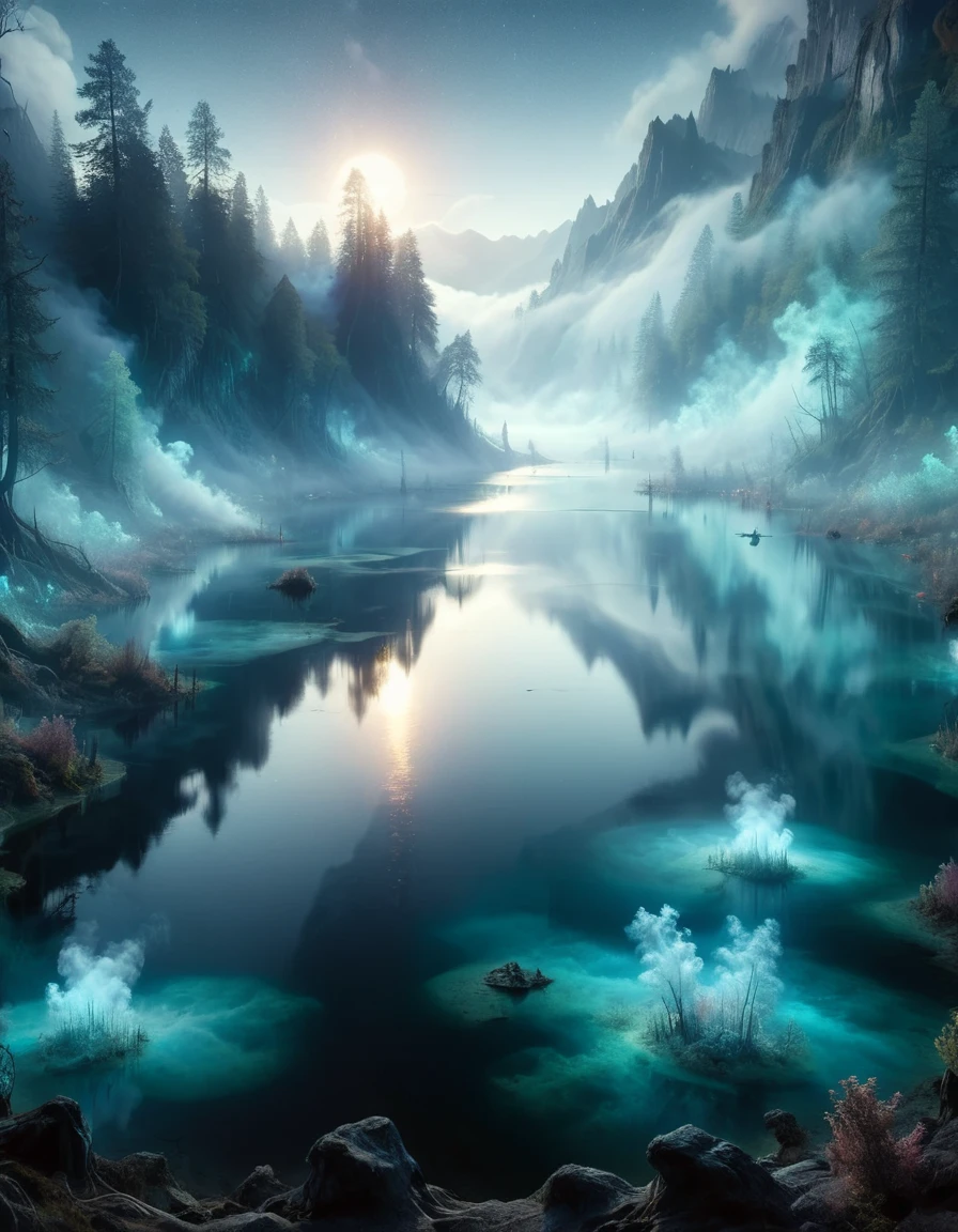 colorful bioluminescent lake covered with mist, smoke <lora:ral-fntsyrlms-sdxl:1> ral-fntsyrlms